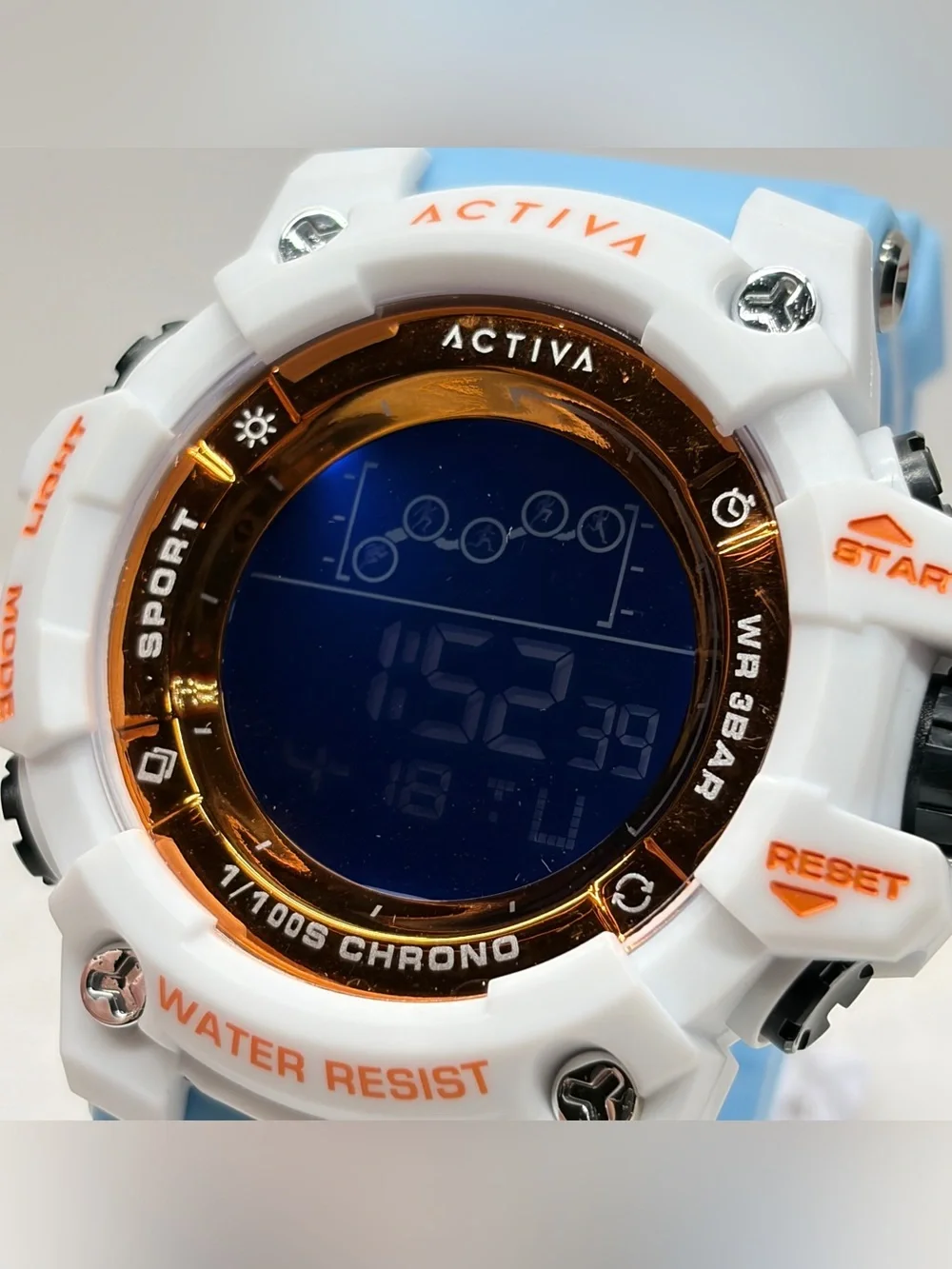 Activa X Invicta 50mm White & Light Blue Digital Sport Watch with Orange Accents
